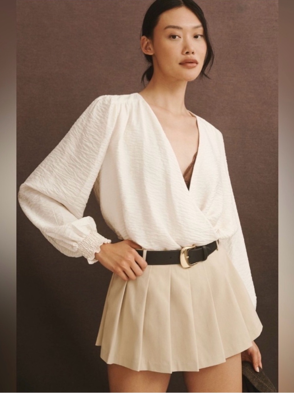 Anthropologie Long-Sleeve Wrap Blouse Classic Cream Off White Top Size Medium M